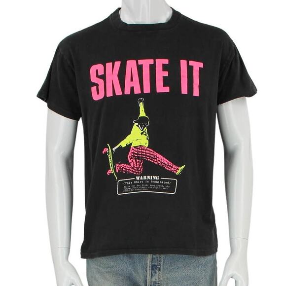 80s 90s Vintage Skate It Neon Skater Dogtown Skateboard Tee T Shirt S